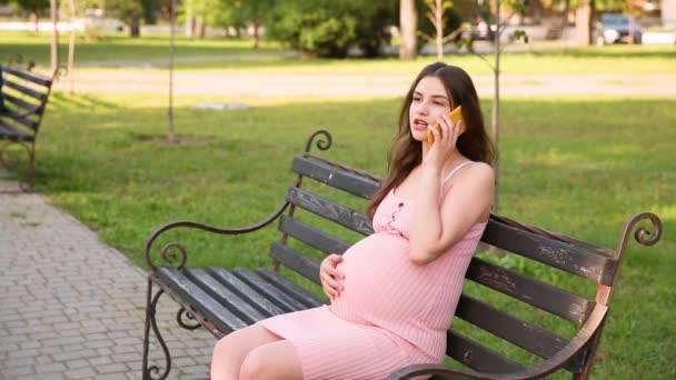 怒りの妊婦は夏の都市公園のベンチに座って携帯電話で話したり呪いをかけたり — ストック動画