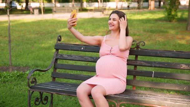 妊娠中の女性が夏の都市公園のベンチに座ってビデオ通話で携帯電話で話しているのを笑っています 妊娠中の女性は電話でVlogを聞く — ストック動画