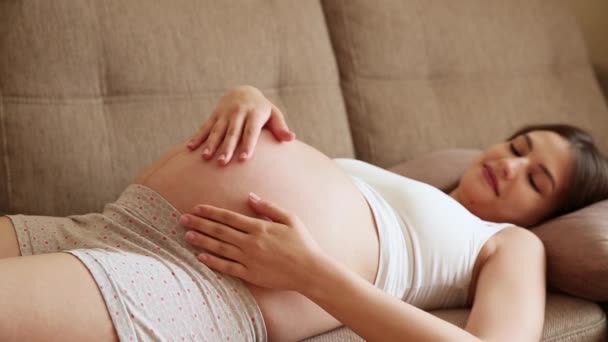 Soleado Día Verano Una Feliz Madre Embarazada Acaricia Vientre Desnudo — Vídeos de Stock