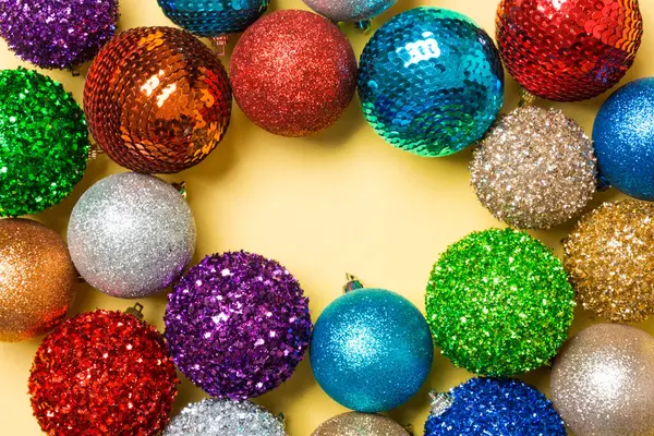 Festive Composition Decorative Baubles Colorful Background Top View Christmas Toys — Stock Photo, Image