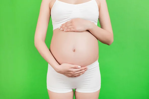 Cropped Image Pregnant Woman White Underwear Touching Her Belly Green — Stock Photo, Image