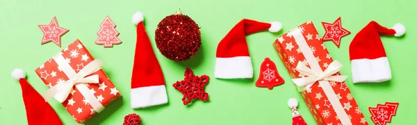 Top View Banner Christmas Decorations Green Background New Year Holiday — Stock Photo, Image