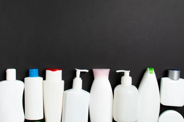 Vista Superior Botellas Cosméticos Sobre Fondo Color Concepto Cuidado Piel —  Fotos de Stock