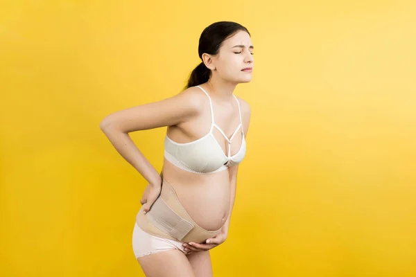 Retrato Del Cinturón Embarazo Vestido Mujer Embarazada Que Sufre Ropa — Foto de Stock
