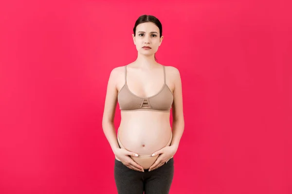 Portrait Pregnancy Belt Dressed Suffering Pregnant Woman Reducing Pain Back — Stock Photo, Image