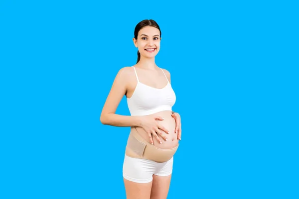 Portrait Pregnant Woman Underwear Wearing Elastic Bandage Pain Back Blue — Stock Photo, Image