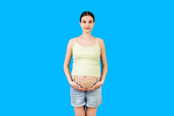 Portrait Pregnant Woman Wearing Maternity Belt Reduce Pain Back Blue — Stock Photo, Image