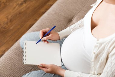 Hamile kadın notlar alır. Hamilelik, sağlık, tıp kavramı. Anne evde bebek bekliyor..