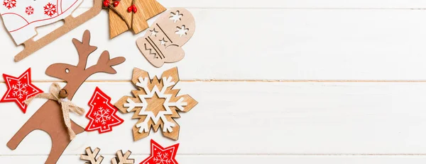 Top View Banner Christmas Decorations Toys Wooden Background Copy Space — Stock Photo, Image