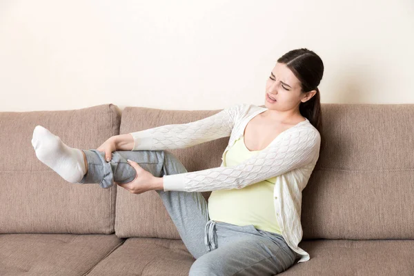 Leg Cramps Pregnancy Closeup Hands Massaging Swollen Foot While Sitting — Stock Photo, Image
