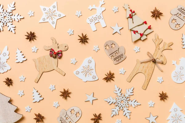 Festive Decorations Toys Orange Background Merry Christmas Concept — Stock Photo, Image