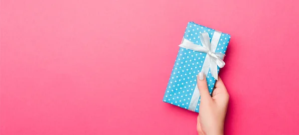 Girl Hands Holding Craft Paper Gift Box Present Christmas Other — Stock Photo, Image