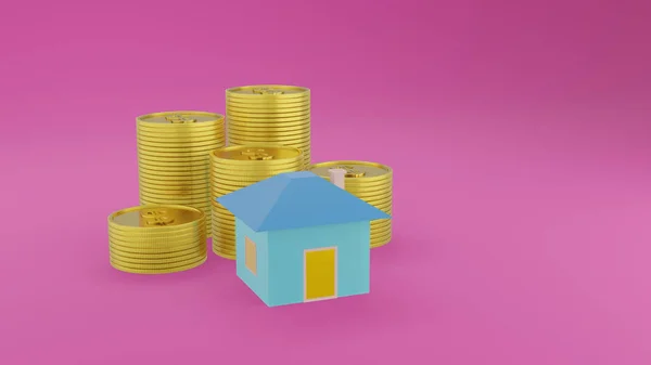 Blue House Pile Gold Coins Violet Background Copy Space Business — Stock Photo, Image
