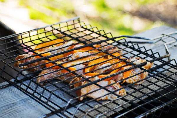 Pedaços Carne Shish Kebab Com Legumes — Fotografia de Stock