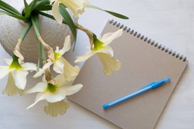 Kalem, nergis bir vazoda beyaz bir tablo ile not etmek.