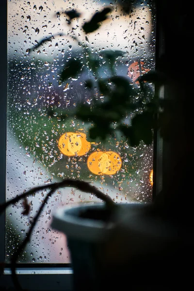 Regentropfen Auf Fenster Mit Abstrakten Lichtern Blumen Auf Dem Balkon — Stockfoto