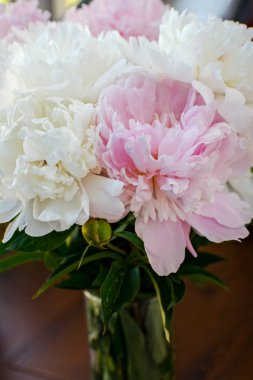 Beyaz ve pembe peonies yakın çekim zarif buket.