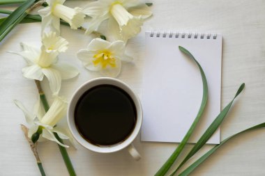 Not defteri, fincan kahve ve beyaz zemin üzerine Nergis