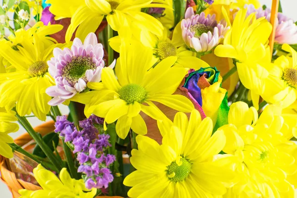 Beautiful Bouquet Chrysanthemums Flowers Yellow Chrysanthemum Multi Colored Rose — Stock Photo, Image