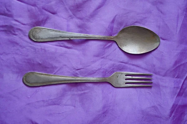 Silver Set Violet Background Antique Style Silver Fork Spoon — Stock Photo, Image