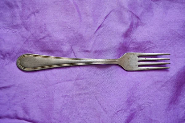Silver Set Violet Background Antique Style Silver Fork Spoon — Stock Photo, Image