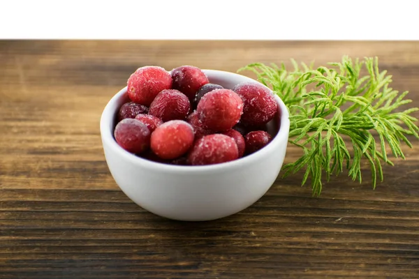 Cranberries White Bowl Wooden Board Frozen Cranberries — Stock Photo, Image