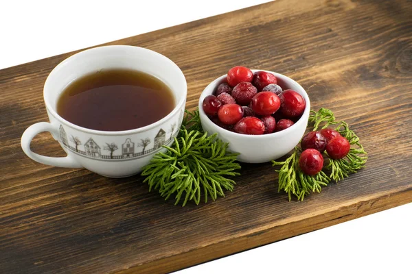 Cranberry Τσάι Ένα Φλιτζάνι Ένα Ξύλινο Υπόβαθρο Ποτό Ζεστό Χειμώνα — Φωτογραφία Αρχείου