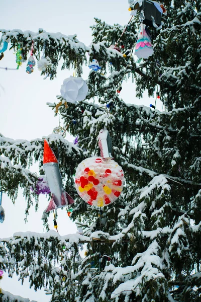 Arbre Noël Décoré Avec Des Jouets Faits Main Arbre Noël — Photo