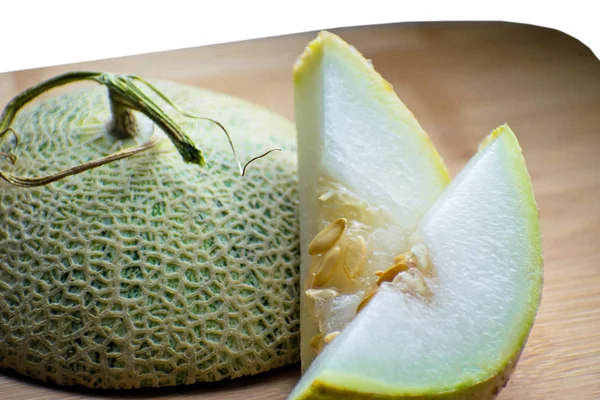 Fresh Sweet Green Melon Wooden Board Cantaloupe Melon — Stock Photo, Image