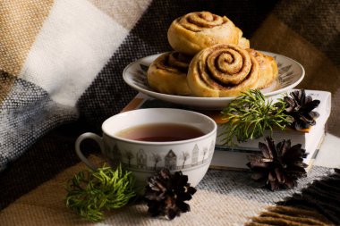 Tarçın baharat ile buns alır. Noel arka plan üzerinde çay ile tarçınlı kurabiye