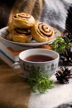 Tarçın baharat ile buns alır. Noel arka plan üzerinde çay ile tarçınlı kurabiye