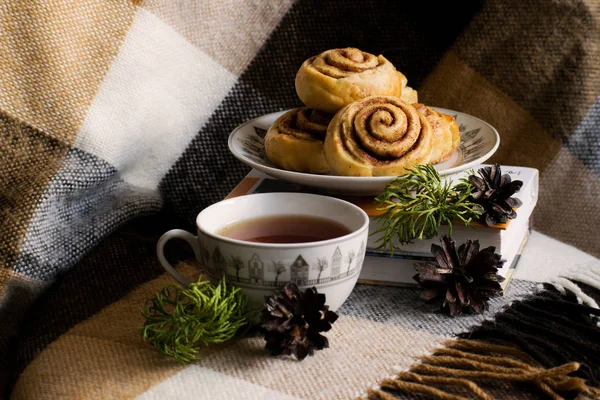 Κανέλα Κυλά Ψωμάκια Μπαχαρικά Κανέλα Cookie Τσάι Χριστουγεννιάτικο Φόντο — Φωτογραφία Αρχείου