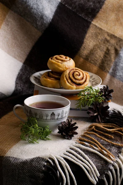Zimtröllchen Mit Gewürzen Zimtkeks Mit Tee Auf Weihnachtlichem Hintergrund — Stockfoto