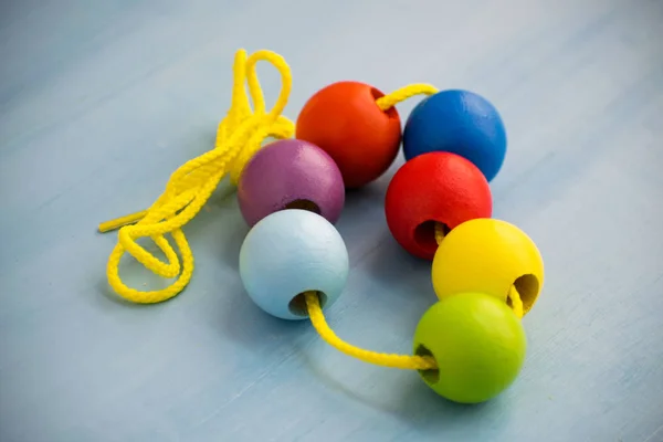 Developmental Children Toy Colored Wooden Balls Rope Colorful Wooden Baby — Stock Photo, Image