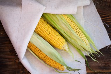 Bir ahşap tahta üzerinde taze sarı Mısır. Satır sağlıklı bir atıştırma için lezzetli haşlanmış taze mısır.