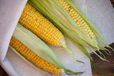 Bir ahşap tahta üzerinde taze sarı Mısır. Satır sağlıklı bir atıştırma için lezzetli haşlanmış taze mısır.