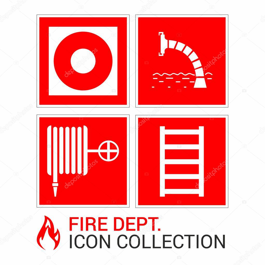 Fire emergency icons set. Fire signs and technical products.