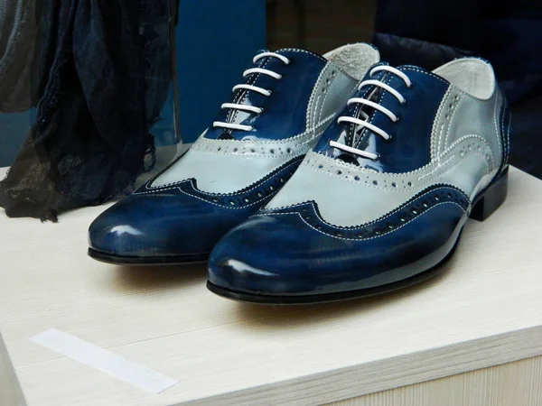 Zapatos Cuero Azul Oscuro Para Hombre Escaparate Moda Los Hombres —  Fotos de Stock
