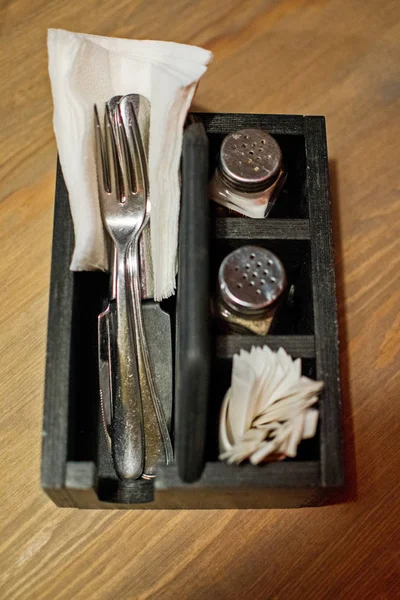 Wooden Box Cutlery Cafe Selection Cutlery Spices Wooden Table Restaurant — Stock Photo, Image