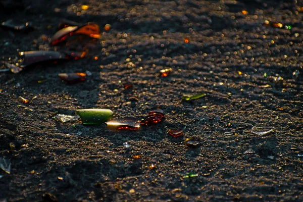 Shards of glass from the bottle on the ground.