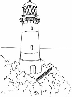 Deniz kıyısındaki deniz feneri. Elle çizilmiş. Çizim. Vektör çizimi.