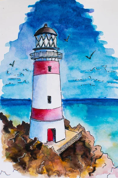 Deniz kıyısındaki deniz feneri. El çizilmiş. Çizim. Illüstrasyon.