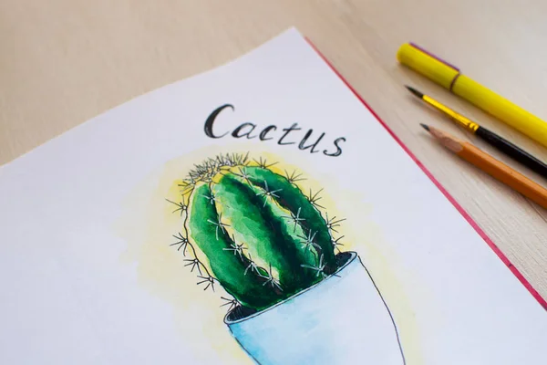 Cactus dipinto a mano ad acquerello in vaso. Schizzo ad acquerello, illustrazione . — Foto Stock