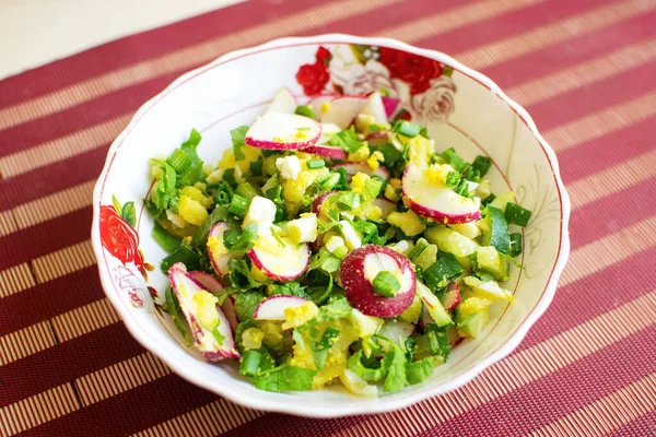 Salade de printemps avec radis, œufs, oignon vert et germes. — Photo