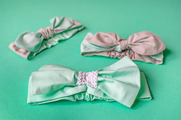 Delicate mint and grey dressing-solokha for women or girls. Turban fashion, or bandana hair accessories for the beach and travel.