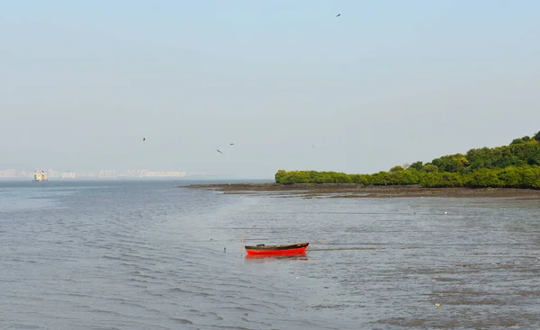 Petit Bateau Rouge Debout Milieu Eau Près Mumbai — Photo