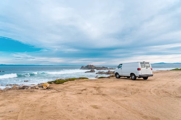 White Van Stands Ocean Sandy Beach Monterey — Stock Photo, Image
