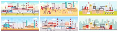 Sanayi bölgeleri düz renk vektör çizimleri ayarlandı. Petrol rafinerisi, nükleer enerji santrali ve 2D karikatür fabrikası. Doğal kaynaklar için madencilik ve sömürü olanakları
