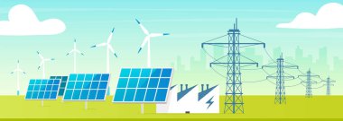 Alternatif elektrik santrali düz renk vektör çizimi. Çevre dostu tesis 2D karikatür manzaralı arka planda şehir manzaralı. Çevresel olarak güvenli rüzgar türbinleri, elektrik kuleli güneş panelleri