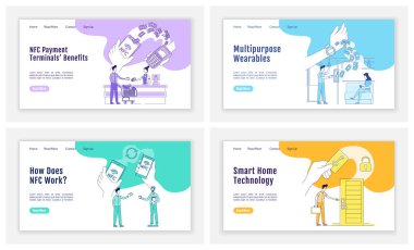 NFC teknik iniş sayfası düz siluet vektör şablonları ayarlandı. Temassız ödemeler ana sayfanın düzeni. Çizgi film karakteri ile bir sayfalık akıllı web sitesi arayüzü. NFC aygıtları web pankartı, web sayfası